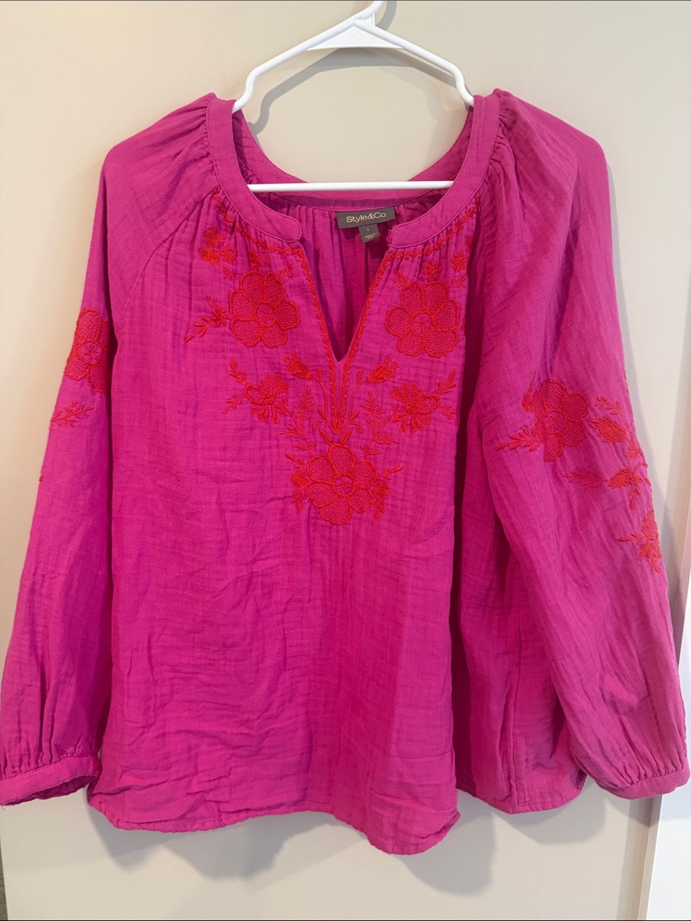 Style & Co. Fuchsia Tunic with Red Floral Embroidery